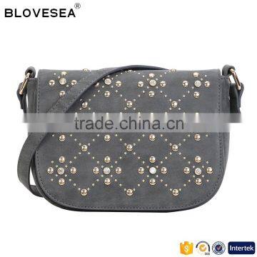 Casual personalized style flap patterned rivets women PU leather crossbody saddle bag