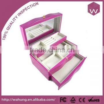 Pink Glossy Lacquer Two Drawer Mirror Wooden Jewellery Storage Safe Box