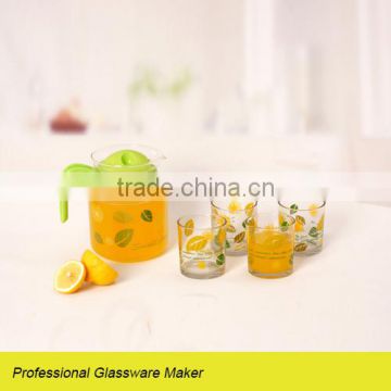 popular glass beverage jug with handle lid with decal