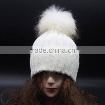 raccoon fur pompoms woolen knitted beanie hats winter high quality knitted hats