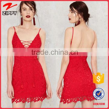 2016 OEM Service Sexy Cotton Tassel Backless Red Crochet Mini Dresses