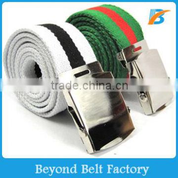 Beyond Men's Military Style Striped Web Canvas Belt With Shiny Silver Slider Buckle Many Colors Available