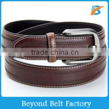 Beyond Men's 35mm Brown Full Grain Genuine Leather Belt with Wave Stitching Decor and Dull Pin Buckle