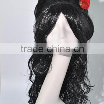 Japan geisha synthetic cosplay wig deep wave wig synthetic black wig with flower costume wig N262