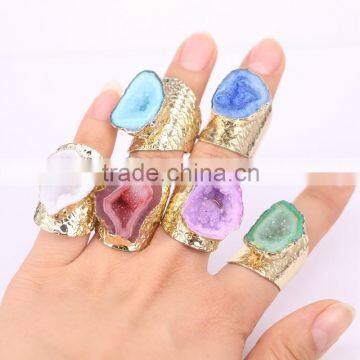Mixed Colors Agate Geode Ring Golden Electroformed Freeform Drusy Druzy Gem Stone Jewelry Rings photo-6