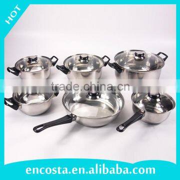 12pcs cooking pots stainless steel non-stick cookware set with glass lid