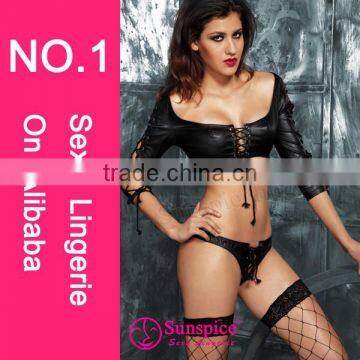 2015 Hot sales Fashionable vinyl lingerie sexy fur lingerie black leather sexy lingerie