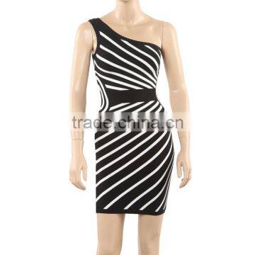 Hot Elastic Knitted Fashion Ladies One Shoulder Black And White Striped Bandage Dress Cocktail Party Dress