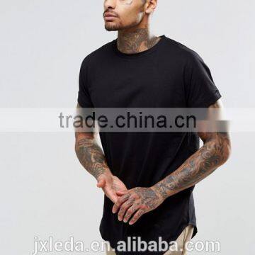 Men summer 100% cotton jersey asymetric hem plain crew neck black t-shirt wholesale OEM suppliers