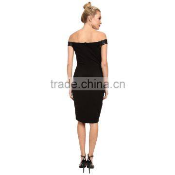 Black Slim off Shoulder Women Summer Dress With Leather Fabric photo-2