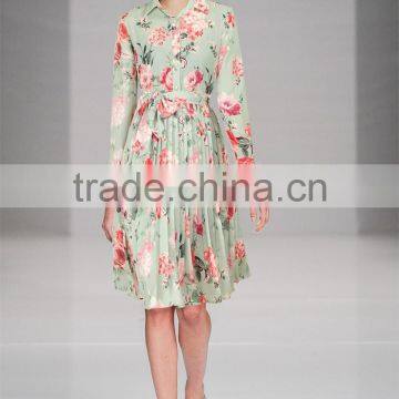 Ladies Full Printing Bouffant Lotus Long Sleeve Temperament Dress With Belt