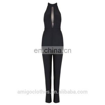 Amigo 2017 Latest Black Halter Backless Sexy Lace Bodycon Long Bandage Jumpsuit for Women Party Wear photo-2