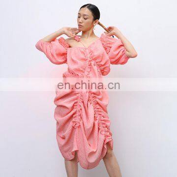 Elegant Irregular Asymmetrical Collar Lantern Sleeve High Waist Drawstring Dress Women photo-3