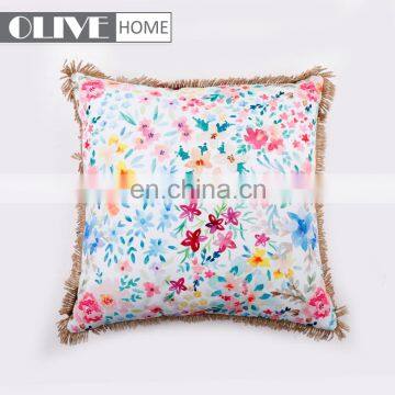 Home Decor Colorful Flower Printed Outdoor Pillow Cushion With Tassels Trimmings