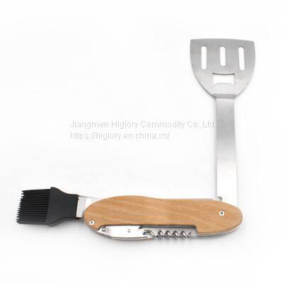 5 in 1 Multi-functional Detachable BBQ Tool Wooden Handle Stainless Steel Outdoor Camping