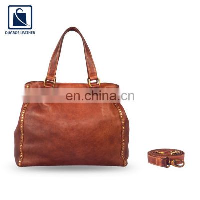 Buff Antique Fitting Genuine Leather Women Handbag from Top Manufacturer