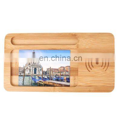 Eco Friendly tabletop mobile phone fast wireless charging wooden pad quick wireless charger with storage tray