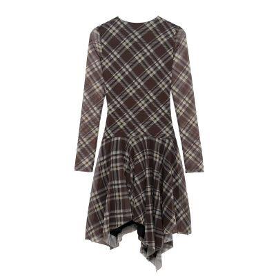 European and American women's fashion checkered pleated chiffon irregular long-sleeved dress and short skirt