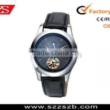 Stainless steel automatic watch with date, leather band watches