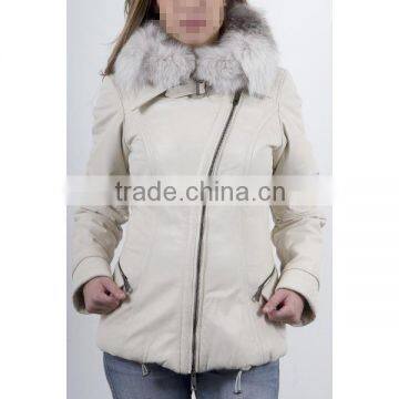 ladies fancy slim fit white down jacket with sideling ziper and lapel front,real fur winter coat