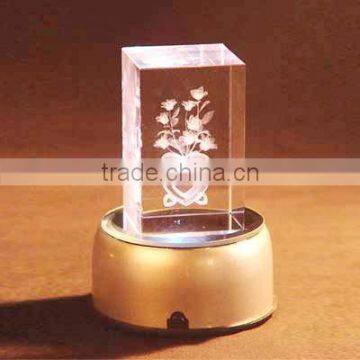 Wholesale 3d laser engraving crystal cube/block with adapter or batteries powered LED base for gifts