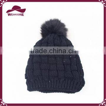 Acrylic black knitted beanie with pom pom