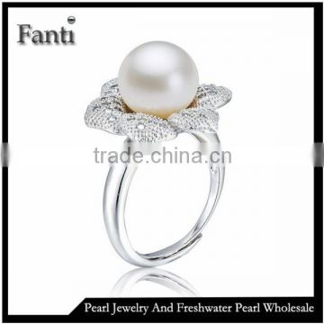 Silver pearl ring/9-10mm AAA round white real pearl ring