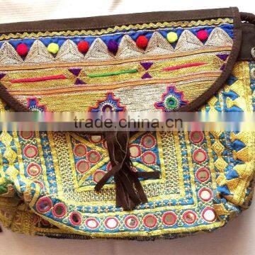 Handmade multi color embroidery Leather Banjara tote messenger bag