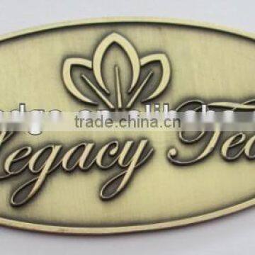 oval embossed nameplate, antique brass furniture logo