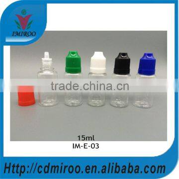 15ml dropper bottles with normal tip, 15ml plastic e-cig dropper bottles with childproof cap for e-cigarette oil