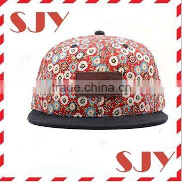 Custom leather patch flat brim sanpabck floral print baseball cap