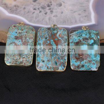 Natural Agate Druzy Pendant, Gold Plated edged Rectangle shape Slab Stone Pendant, Faceted Ocean Agate Gem stone Pendants