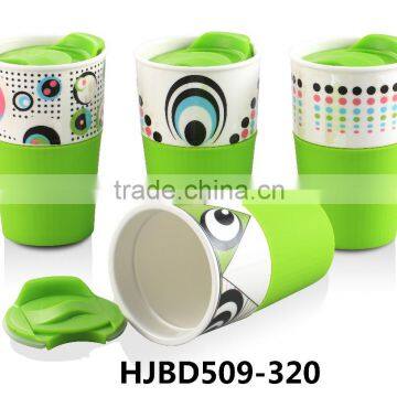 HJBD509-320eyes design travel single wall mug with green silicone