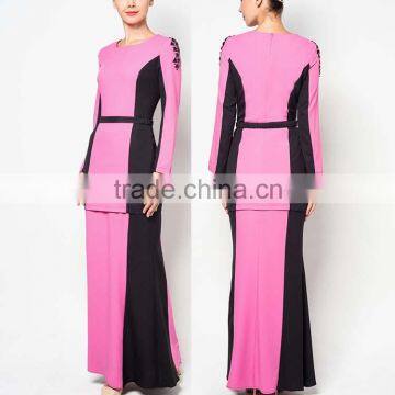 Contrast color belt waist beaded simple style muslim dress