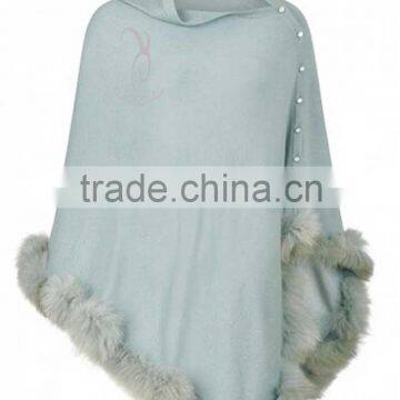 Lady Fashion Buttons Poncho With Fur Trim