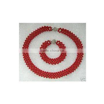 wholesale 17" 4mm red round coral beads necklace jewelry set