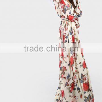 Women Clothing/women Dresses/Rose Print Cuffed Long Sleeve Belted Wrap Dress photo-4