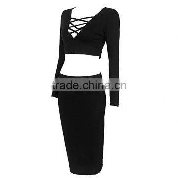 Pictures of Long Skirts and Tops for Sexy Womens 2Pcs Crop Top Midi Skirt Stretch Party Bandage Dresses photo-5
