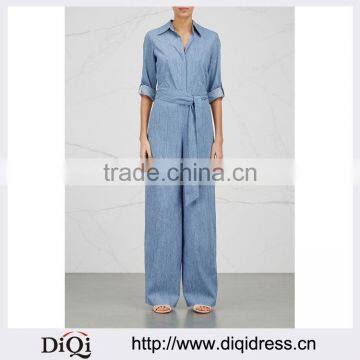 Wholesale Women Apparel Button-tastening Front Blue Chambray Jumpsuit(DQE0146J)