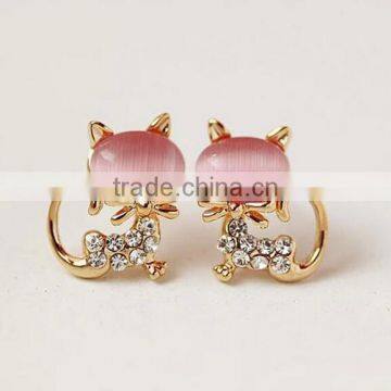 Lovely rhinestone opal stud earring,cute cat design earrings for women jewelry