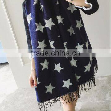 Wholesale Price 2017 New Arrival Girl Scarf White Stars Blue Bottom Color Printed 200*68cm School Student Tippet With Tassels photo-6