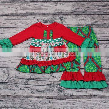 Yawoo red and green patterns christmas clothing set baby boutique wholesale china