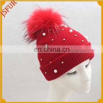 Red cheap beanie pompom hat with pearl decoration