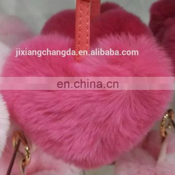 Heart-shaped real rex rabbit fur furry pompoms key chain bag pendant