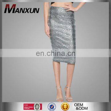 2016 Sexy ladies formal knee length skirt slim fit metallic tight mature lady pencil skirt