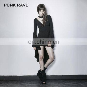 Punk Rave PQ-203 Gothic Black High Low Longsleeve Dress With Halterneck photo-3