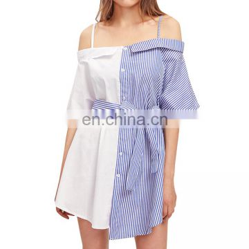 Blue Stripe Top Design Fashion Off The Shoulder Women Loose Sexy Long Shirt Dress