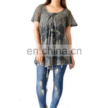 Girls Exclusive Casual Wear Rayon Embroidered Tie & Dye Top / Women's Rayon Top With Georgette Sleeves