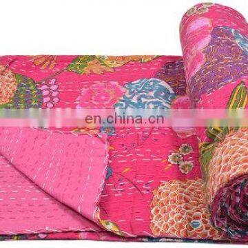 Indian Quilt Vintage Kantha Bedspread Throw Cotton TWIN QUEEN Fruit print Blanket handmade Bedspread Bedding Decor art