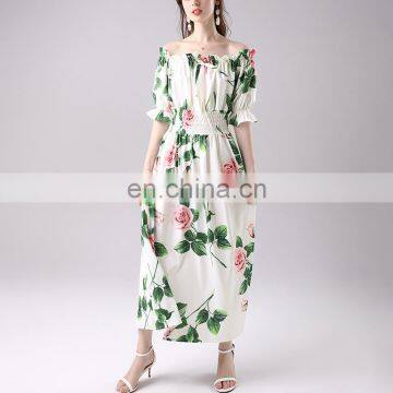 TWOTWINSTYLE Floral Print Dress Women Slash Neck Flare Short Sleeve High Waist Off Shoulder Casual photo-2